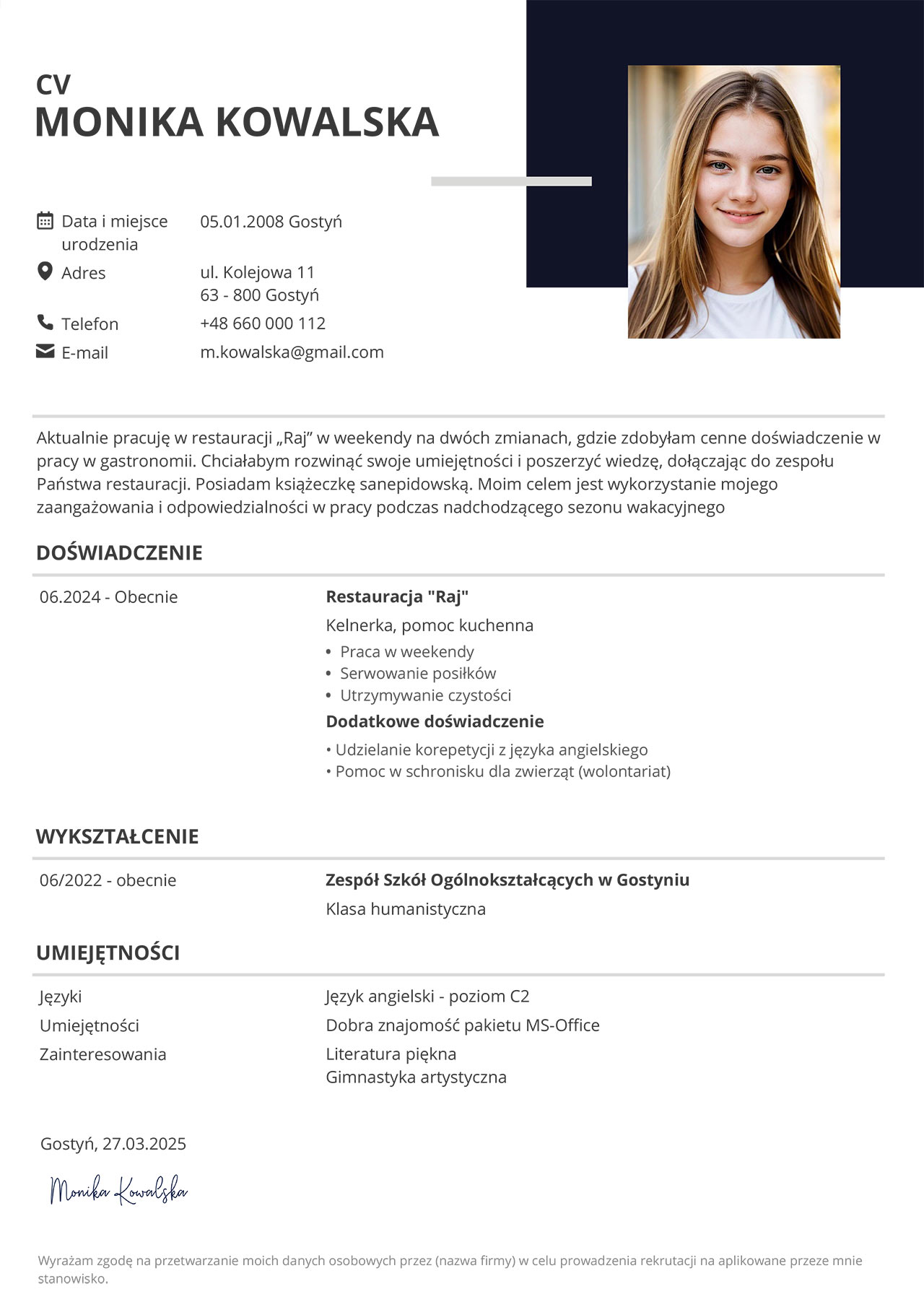 Wzór CV dla ucznia