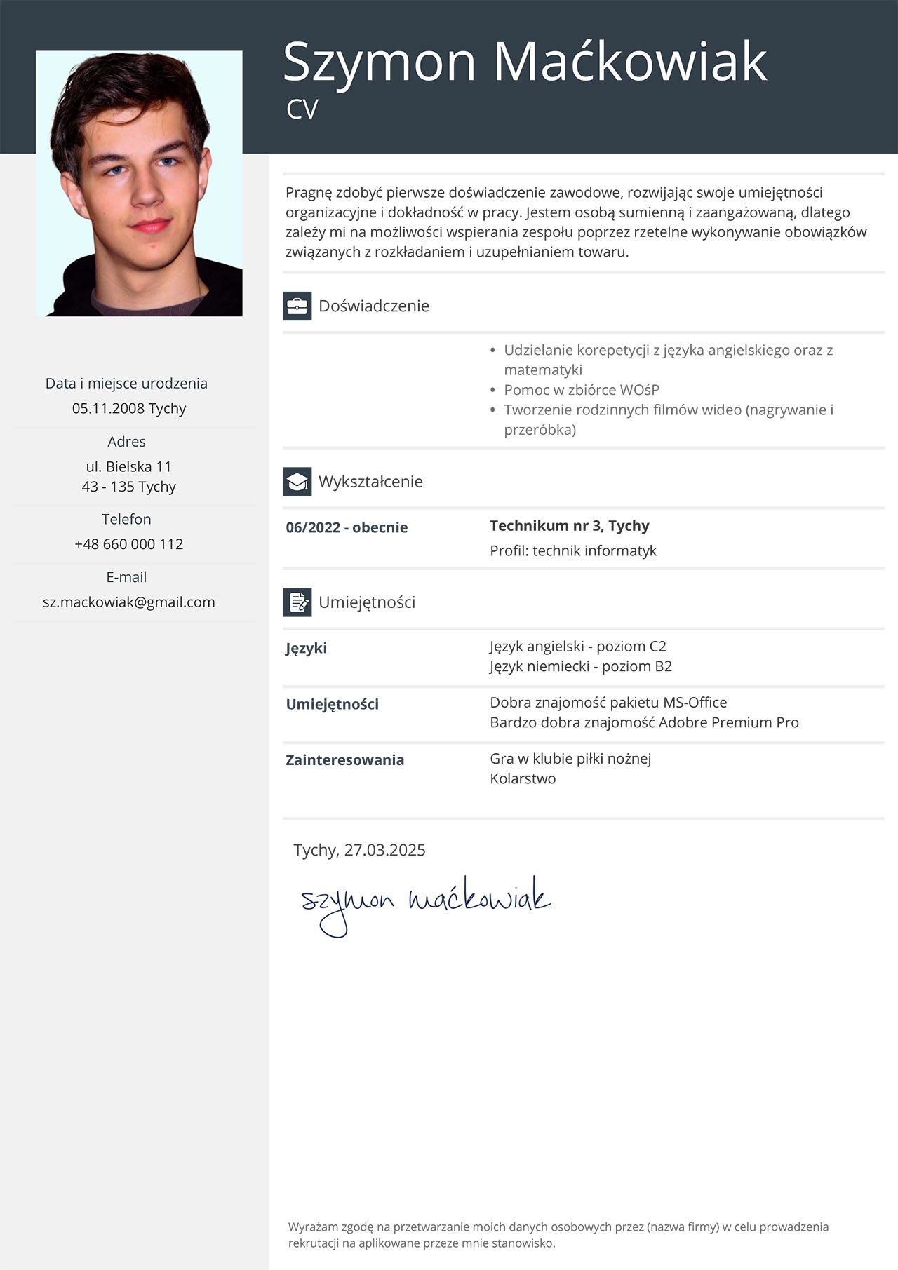 Wzór CV dla ucznia bez doświadczenia