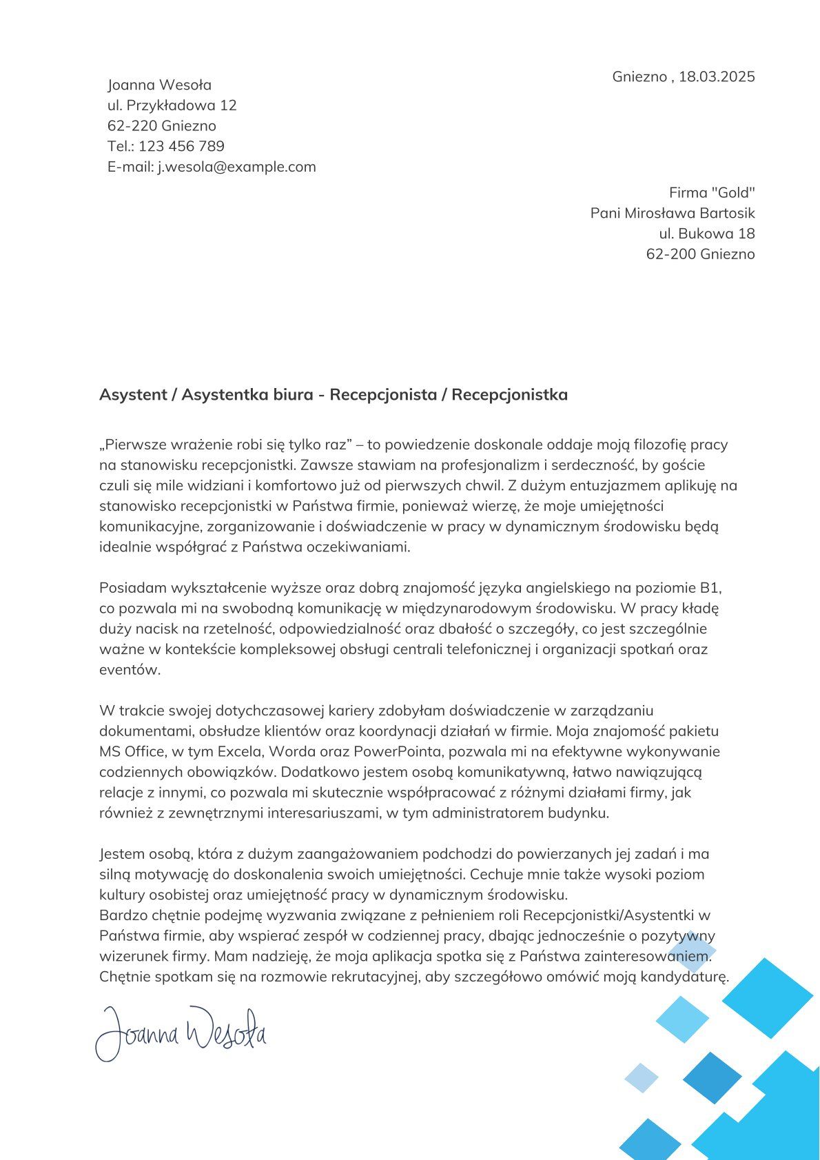 List motywacyjny dla recepcjonistki w dużej korporacji