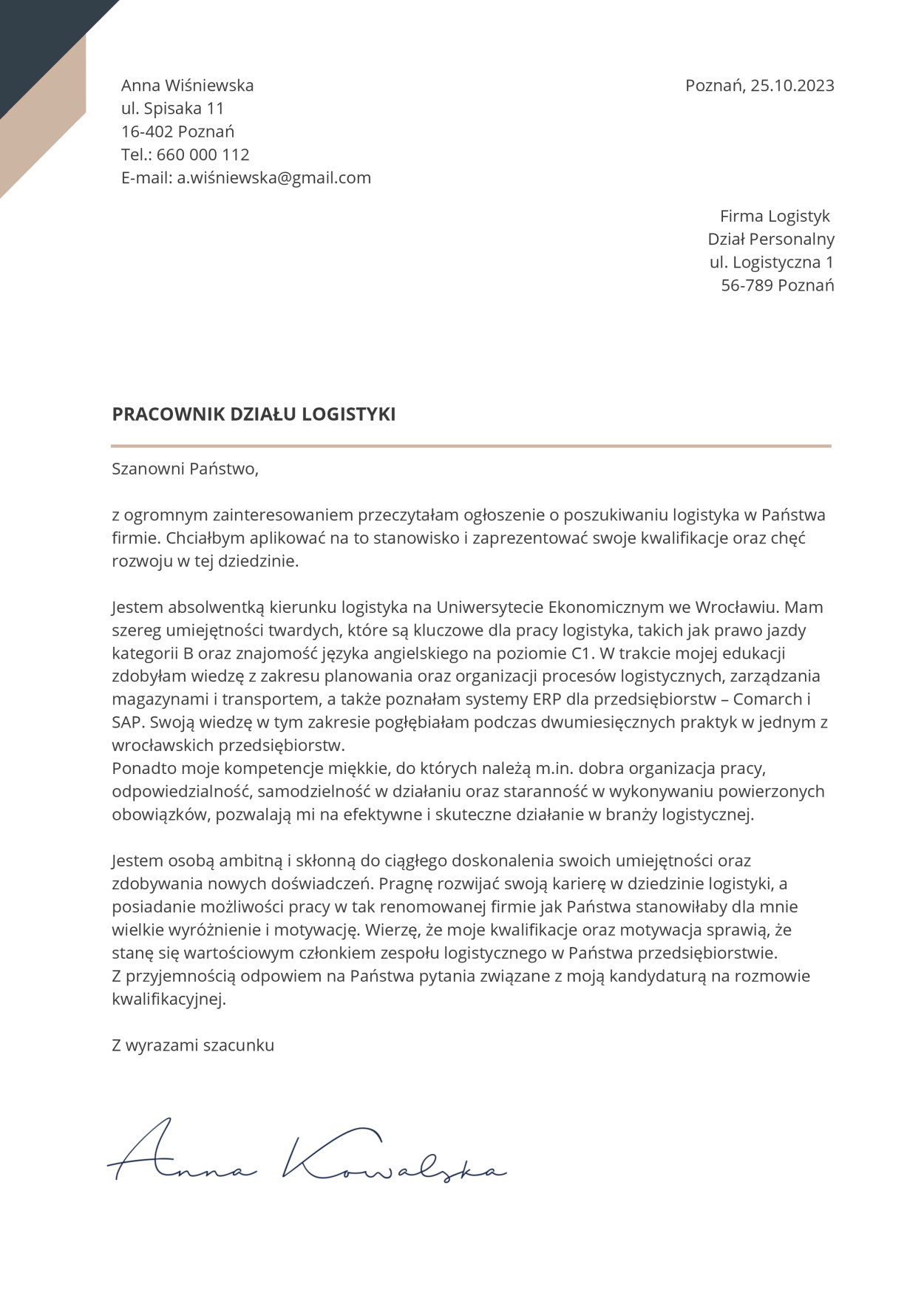 Wzór listu motywacyjnego logistyka