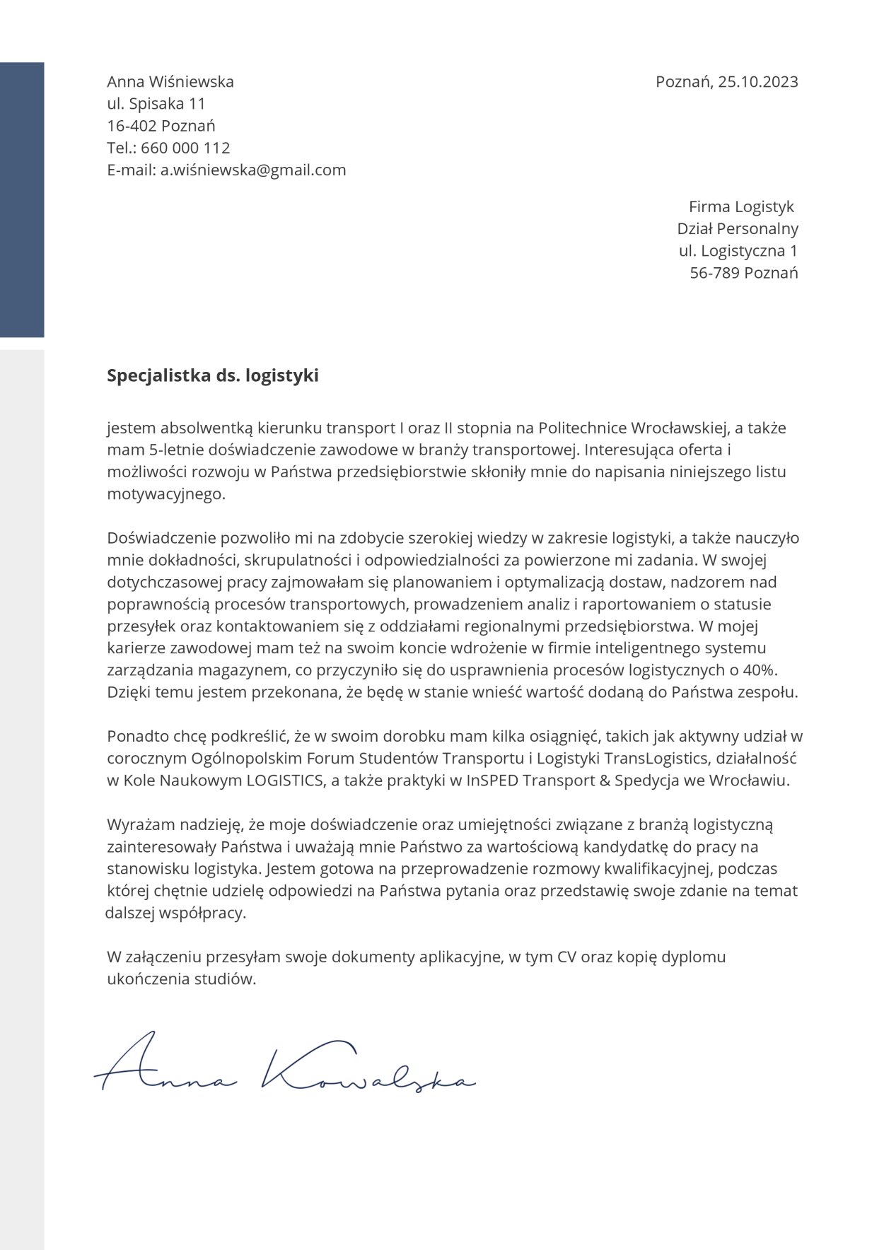 Wzór listu motywacyjnego logistyka