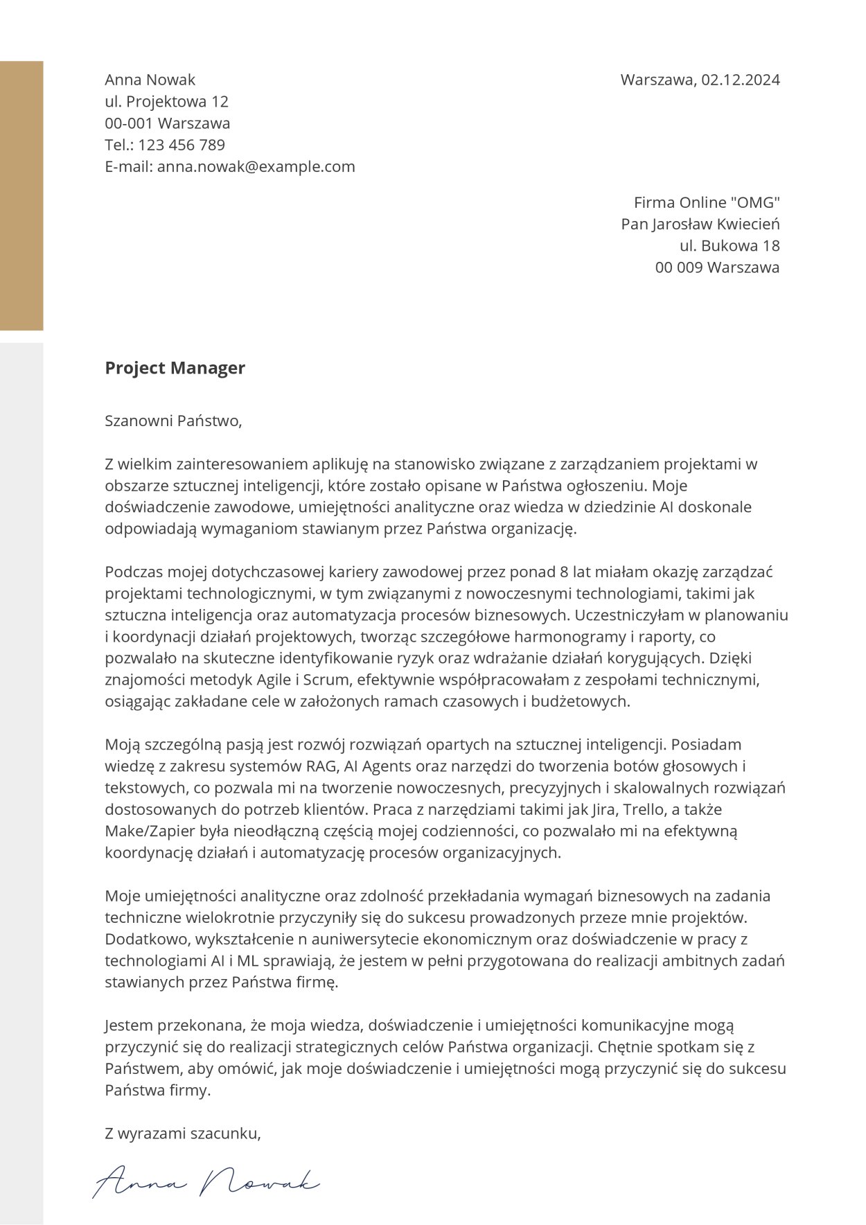 Wzór listu motywacyjnego project manager