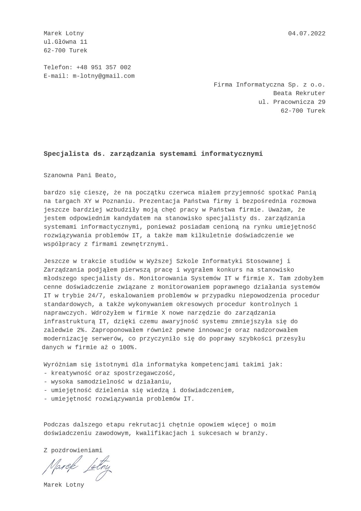 List motywacyjny informatyka bez doświadczenia wzór
