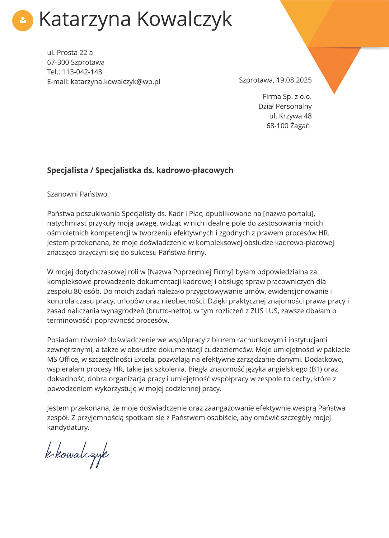 Wzór list motywacyjny specjalisty ds. kadr i płac
